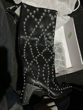 Black Studded Knee-High Heeled Boot